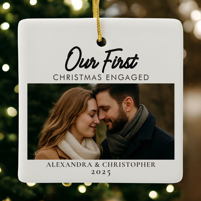 Personalized Our First Christmas Engaged Ceramic Ornament (Creator Uploaded)