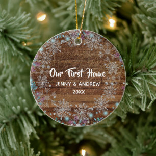 Personalized Our New Home Rustic Snowflakes Ceramic Tree Decoration