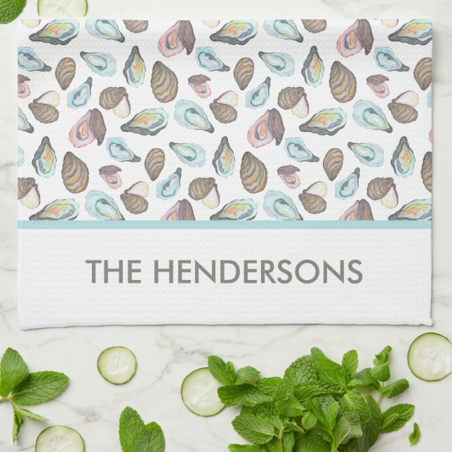 Personalized Oyster Tea Towel, Family Name Towel (Folded)