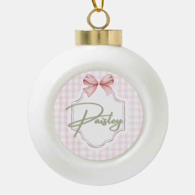 Personalized Paisley Baby Girl Nursery Gingham  Ceramic Ball Christmas Ornament (Front)