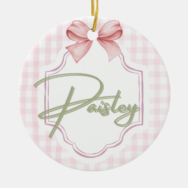 Personalized Paisley Baby Girl Nursery Gingham  Ceramic Tree Decoration (Front)