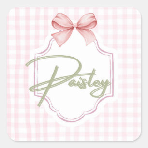 Personalized Paisley Baby Girl Nursery Gingham  Square Sticker