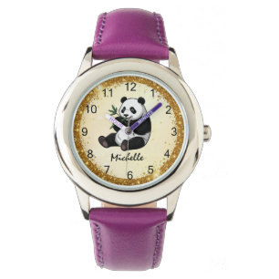 Personalized Panda Bear With Greenery Bamboo Gold Watch