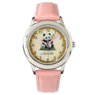 Personalized Panda Bear With Greenery Bamboo Gold Watch