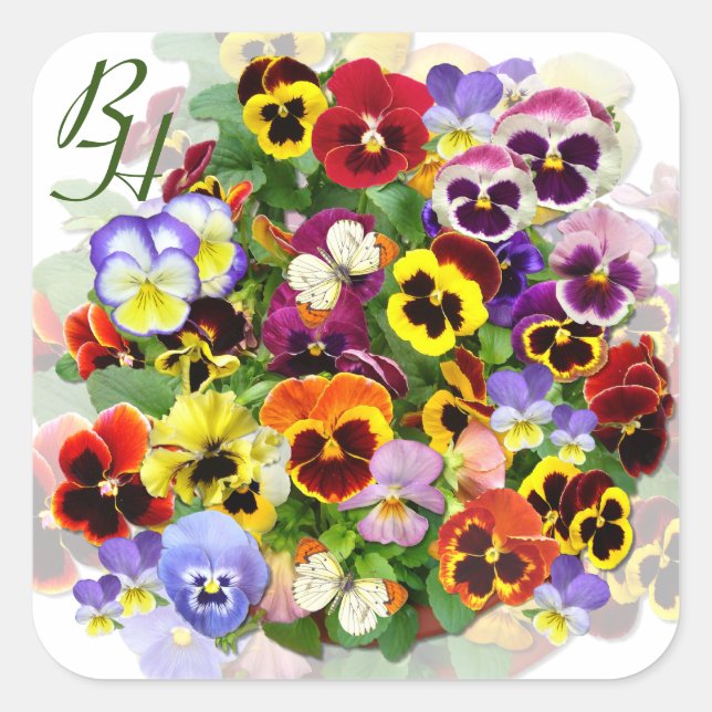 Personalized Pansy Beauty with Butterflies  Square Sticker (Front)