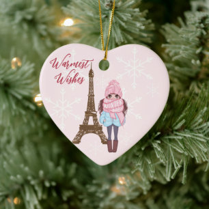 Personalized Paris Eiffel Tower Pink Christmas Ceramic Tree Decoration