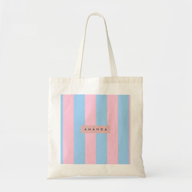 Personalized Pastel Blue and Pink Candy Stripe Tote Bag (Front)