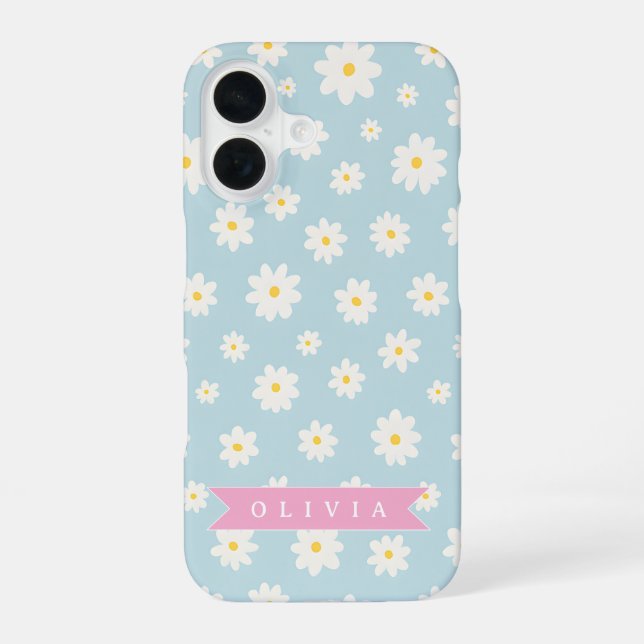 Personalized Pastel Blue Daisy Coquette Girly Cute iPhone 16 Case (Back)