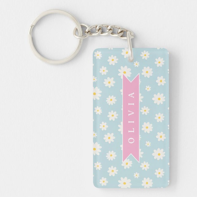 Personalized Pastel Blue Daisy Coquette Girly Cute Key Ring (Front)