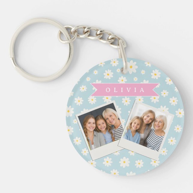 Personalized Pastel Blue Daisy Coquette Girly Cute Key Ring (Front)