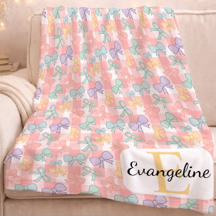 Personalized Pastel Bow Aesthetic Pink Gingham Fleece Blanket