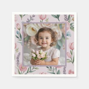 Personalized Pastel Floral Photo Birthday Girl Napkin