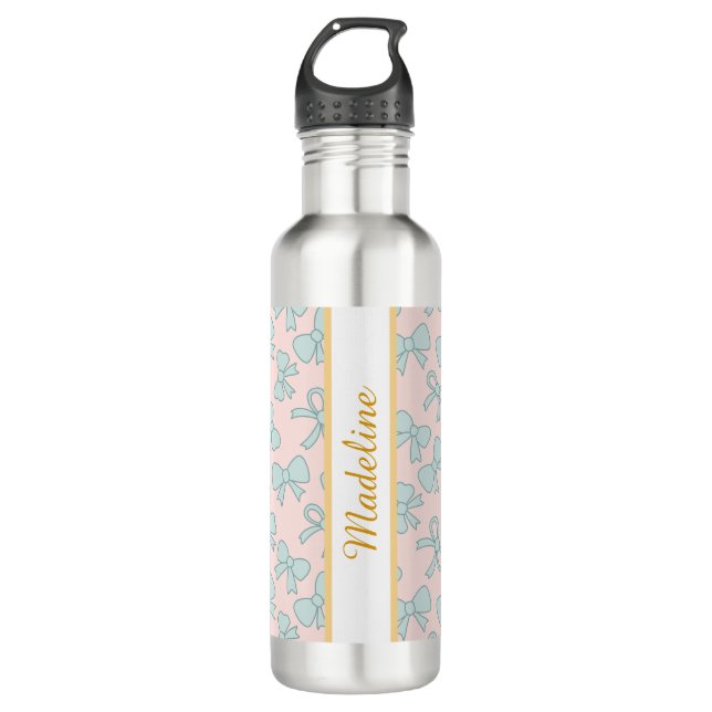 Personalized Pastel Girly Cute Bow Name Blue Pink 710 Ml Water Bottle (Front)