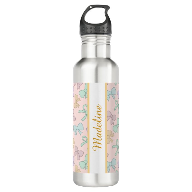 Personalized Pastel Girly Pink Bow Name Pastel 710 Ml Water Bottle (Front)