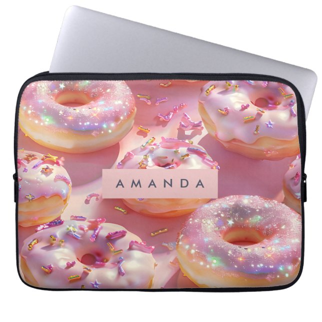 Personalized Pastel Glittering Pink Donut Dream Laptop Sleeve (Front)