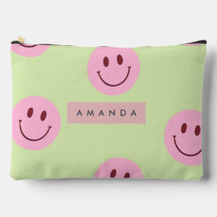 Personalized Pastel Green & Pink Smiley Face Accessory Pouch