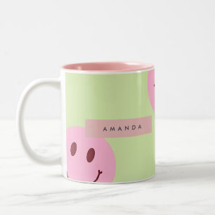 Personalized Pastel Green & Pink Smiley Face Two-Tone Coffee Mug