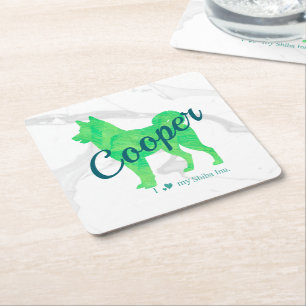 Personalized Pastel Green Shiba Inu Dog Custom Square Paper Coaster