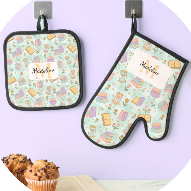 Personalized Pastel Kitchen Magic Mint Green  Oven Mitt & Pot Holder Set (Creator Uploaded)