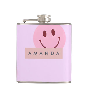 Personalized Pastel Lavender & Pink Smiley Face Hip Flask
