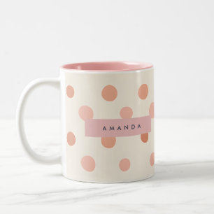 Personalized Pastel Peach & Blush Polka Dot Two-Tone Coffee Mug
