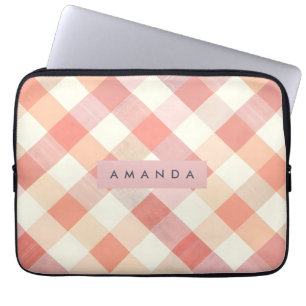 Personalized Pastel Peach Checkered Modern  Laptop Sleeve