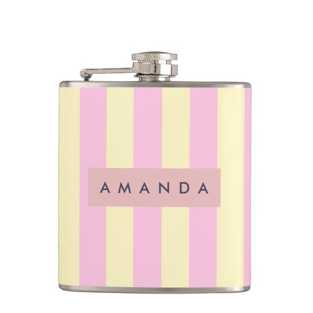 Personalized Pastel Pink and Yellow Stripe Hip Flask (Front)