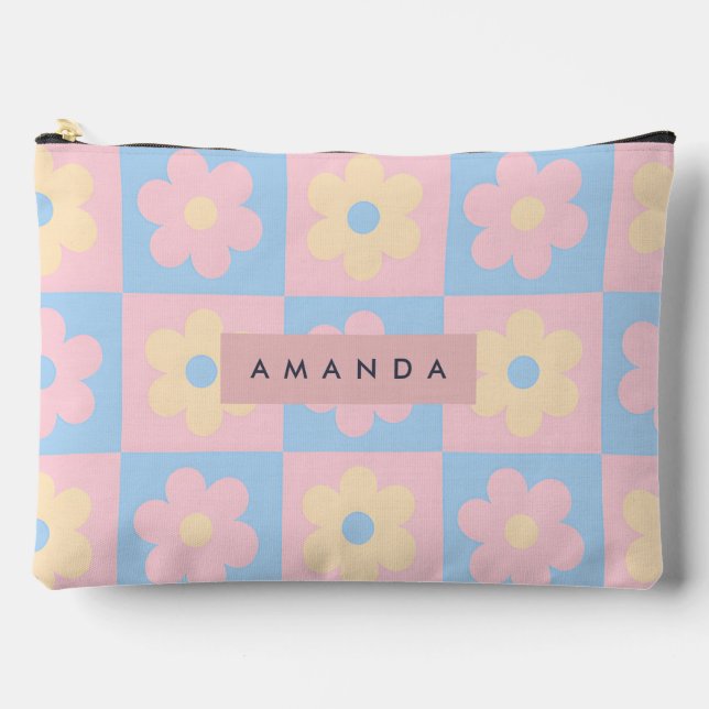 Personalized Pastel Pink Blue Retro Daisy Flower Accessory Pouch (Front)