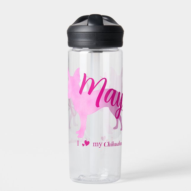 Personalized Pastel Pink Chihuahua Water Bottle (Front)