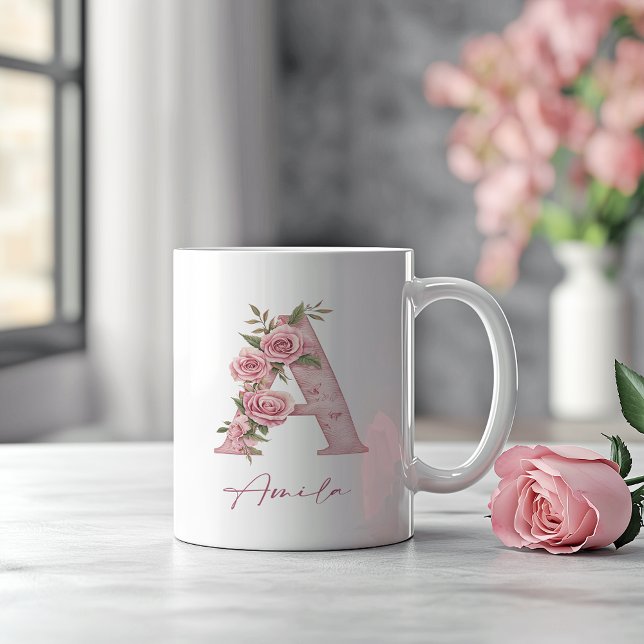 Personalized Pastel Pink Floral Monogram Letter A Coffee Mug (Creator Uploaded)