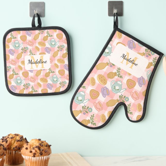 Personalized Pastel Pink High Tea Service Oven Mitt & Pot Holder Set (Creator Uploaded)