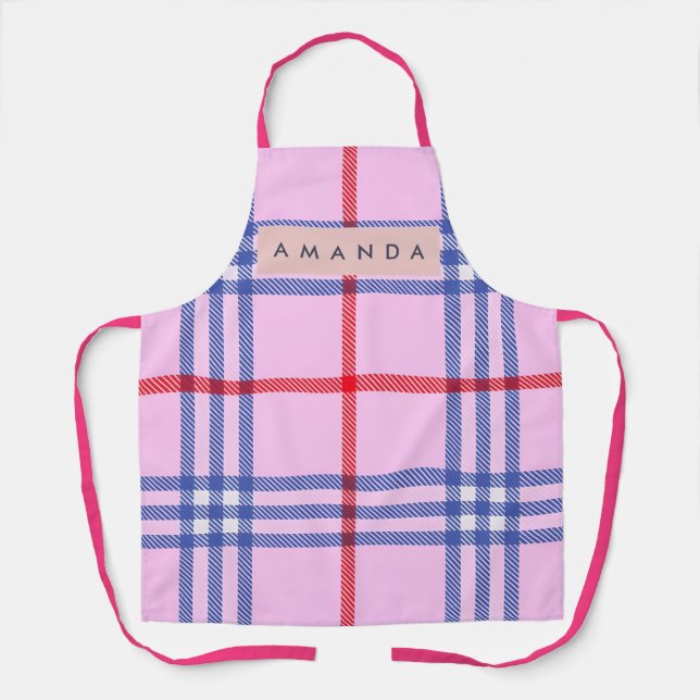 Personalized Pastel Pink Plaid with Red and Blue Apron (Front)