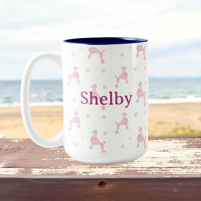 Personalized pastel pink Poodle Pattern Two-Tone Coffee Mug (Creator Uploaded)