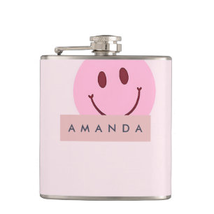 Personalized Pastel Pink Smiley Face  Hip Flask