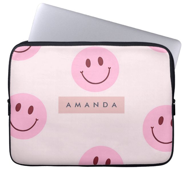 Personalized Pastel Pink Smiley Face  Laptop Sleeve (Front)