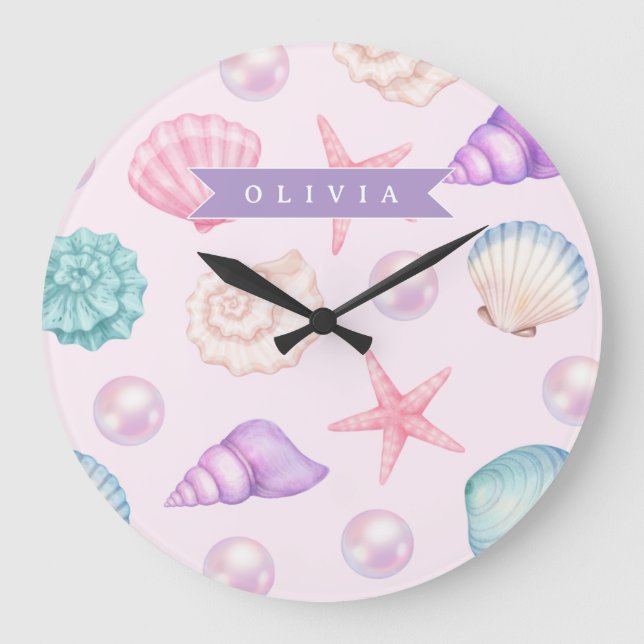 Personalized Pastel Seashell Coastal Custom Name Large Clock (Front)