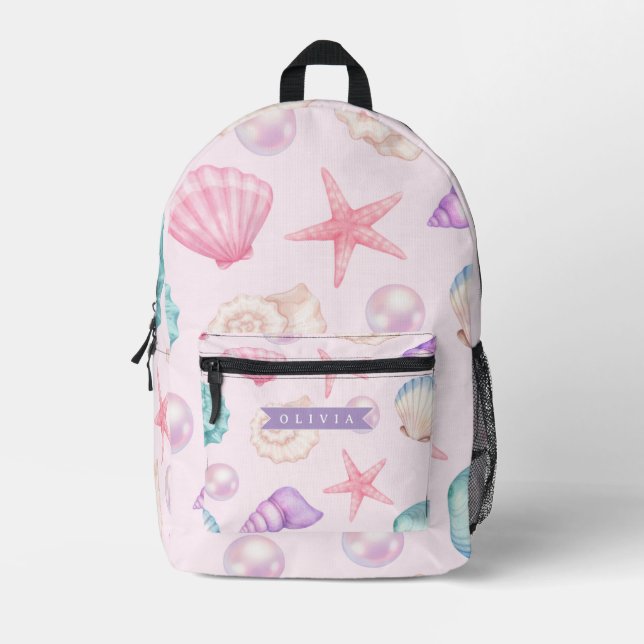 Personalized Pastel Seashell Coastal Custom Name Printed Backpack (Front)