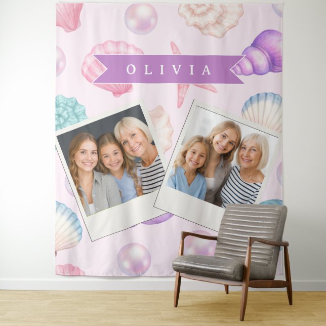 Personalized Pastel Seashell Coastal Custom Name Tapestry (In Situ)