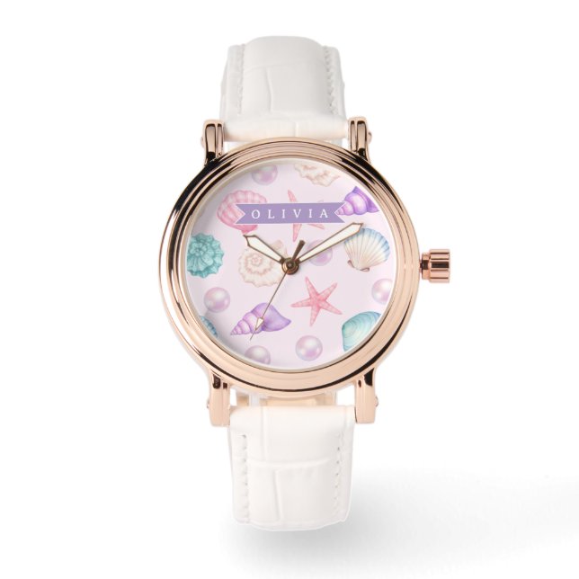 Personalized Pastel Seashell Coastal Custom Name Watch (Front)
