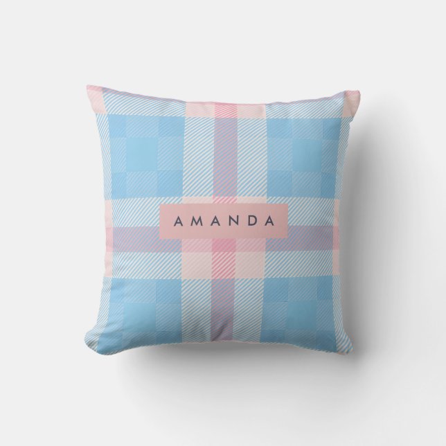 Personalized Pastel Sky Blue and Blush Pink Plaid Cushion (Front)