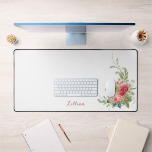 Personalized Pastel Watercolor Flowers and Swirls Desk Mat