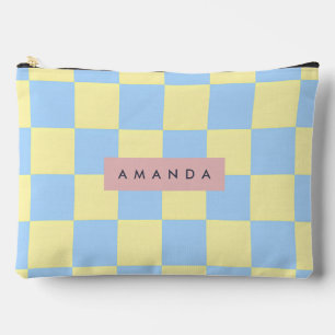 Personalized Pastel Yellow and Blue Checkerboard Accessory Pouch