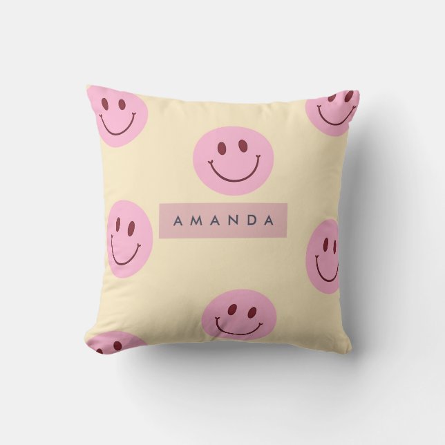 Personalized Pastel Yellow & Pink Smiley Face Cushion (Front)