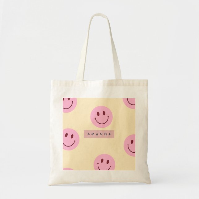 Personalized Pastel Yellow & Pink Smiley Face Tote Bag (Front)