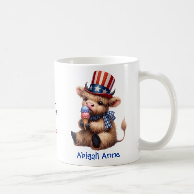 Personalized Patriotic Baby Highland Cow Coffee Coffee Mug (Right)
