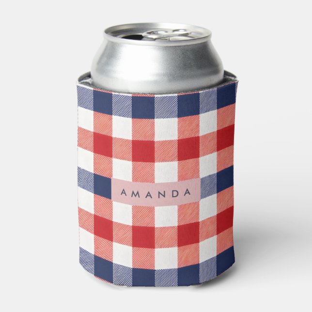 Personalized Patriotic Red, White & Blue Gingham Can Cooler (Can Front)