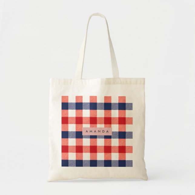 Personalized Patriotic Red, White & Blue Gingham Tote Bag (Front)