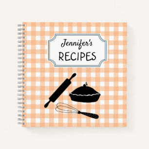 Personalized Peach Gingham Plaid Pattern Recipe  Notebook