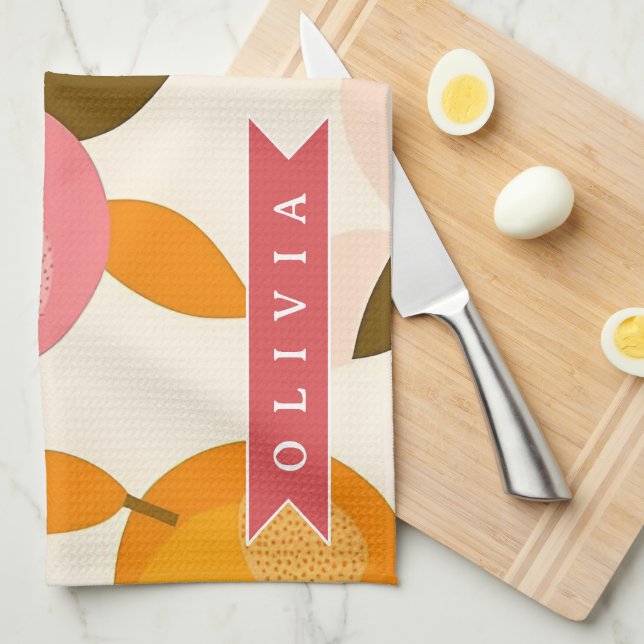 Personalized Peach Pattern Cute Retro Summer Tea Towel (Quarter Fold)