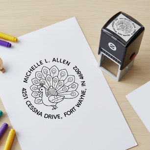 Personalized Peacock Round Return Address Self-inking Stamp